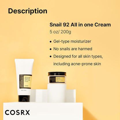 Snail Mucin 92% Moisturizer, Daily Repair Face Gel Cream Tube Type for Dry, Sensitive Skin, Not Tested on Animals, No Parabens, No Sulfates, No Phthalates, Korean Skin Care (3.52 Fl Oz / 100G)